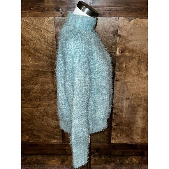Blue Fuzzy Knit Turtleneck Sweater Cozy Pullover Long Sleeve - Picture 4 of 7